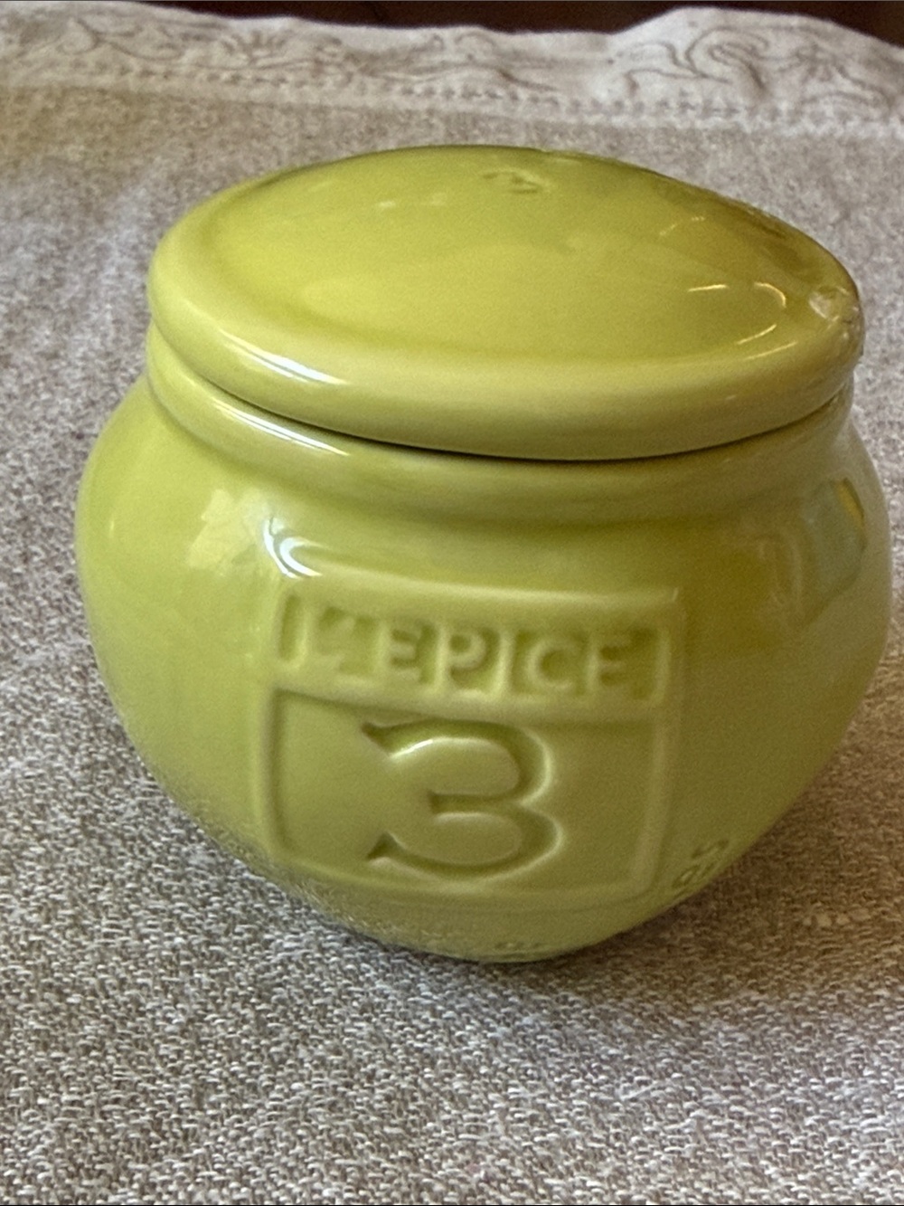 Anthropologie L’Epice #3 Ceramic Spice Jar green color embossed French style